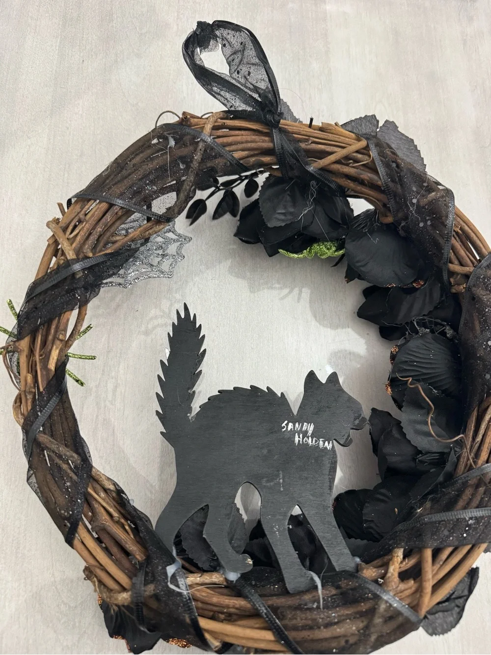 Handmade Black Cat and Spiderweb Halloween Wreath